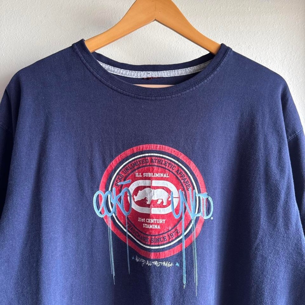 Ecko Unltd navy y2k hip hop tee with graffiti drip circle logo rhino graphic and